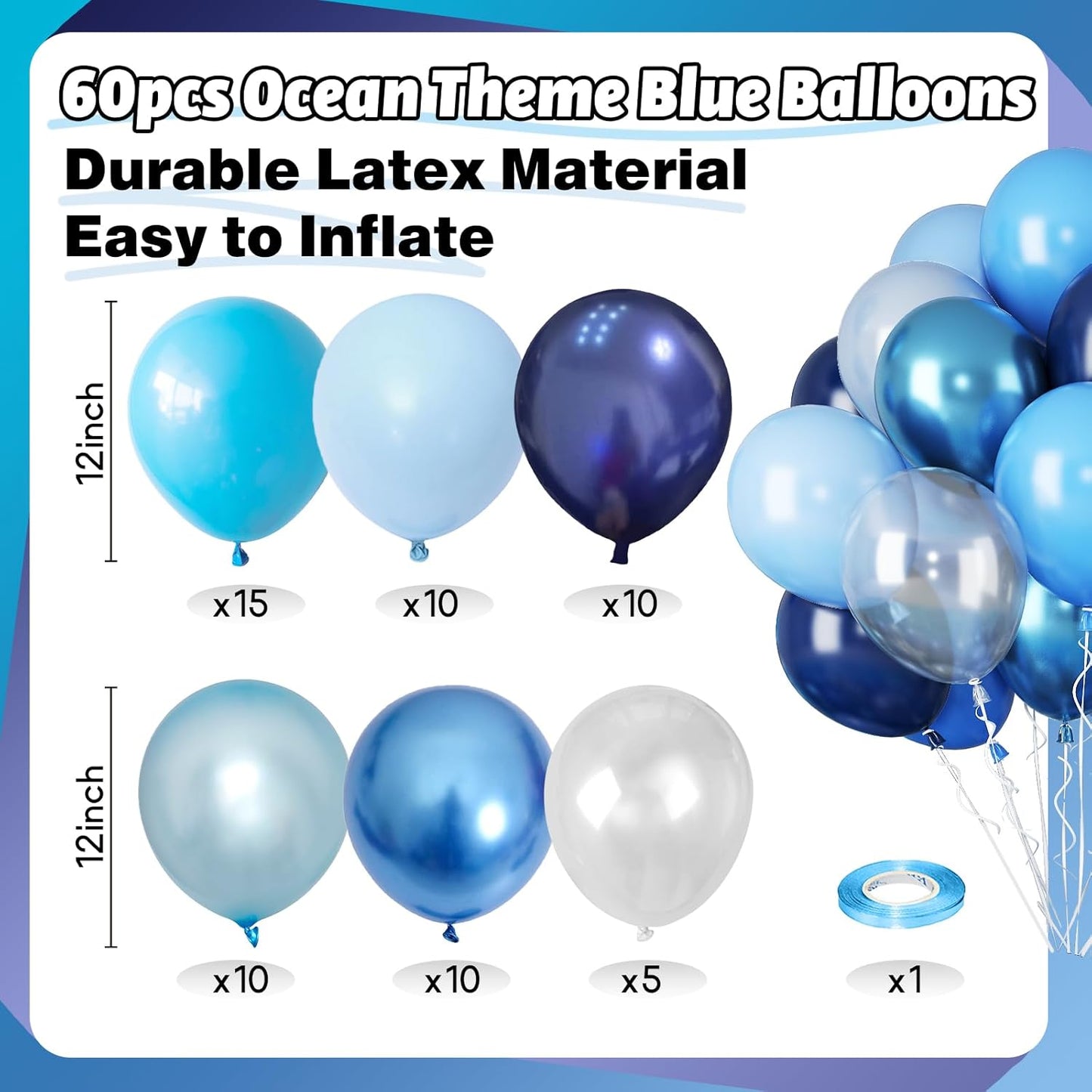 Blue Balloons for Ocean Shark Birthday Party Decorations Under the Sea Balloon Whale 60PCS 12INCH Metallic Pearl Navy Blue Pastel Blue Balloons for Arch Blue Transparent Latex Helium