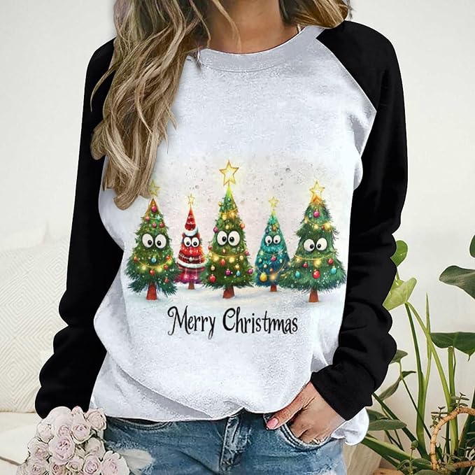 LOAIHA Christmas Sweatshirts for Women Christmas Tree Graphic Shirt Xmas Long Sleeve Merry Christmas Pullover Blouse