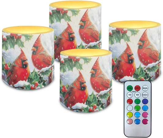 Poceacles Flameless LED Candles 4 Pack with Remote Control, Battery-Powered, Flickering Effect, with 12 Color Changing, Realistic LED Pillar Candles for Christmas, Red Cardinal Bird Holly Print