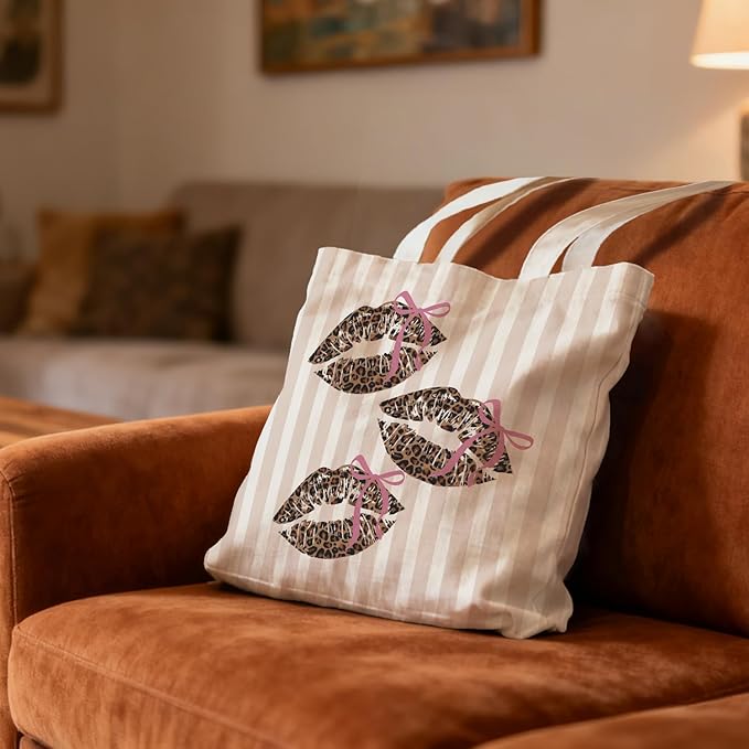 Coquette Pink Bow Leopard Lip Tote Bag for Women,Trendy Cheetah Print Canvas Tote Bag for Girls,Girly Leopard Lip Print Aesthetic Reusable Shopping Grocery Bags Party Favors