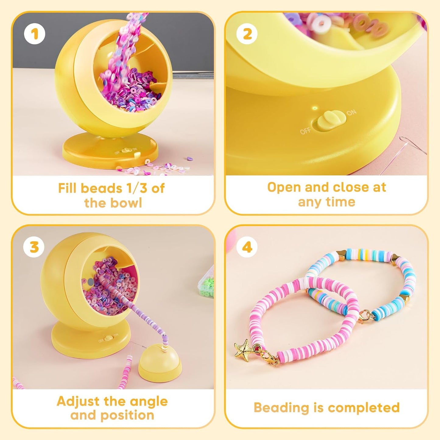 ETUDAW Bead Spinner, 4500 PCS Clay Beads and Electric Bracelet Maker with Needles and Thread for Bracelets, Necklace, Charms, DIY Birthday Gifts(Yellow)
