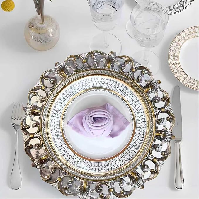 6 Pack Silver Charger Plates 13" Round Charger Plates for Dinning Plates with Embossed Rim Plastic Charger for Dinner, Wedding, Elegant Tableware Decor