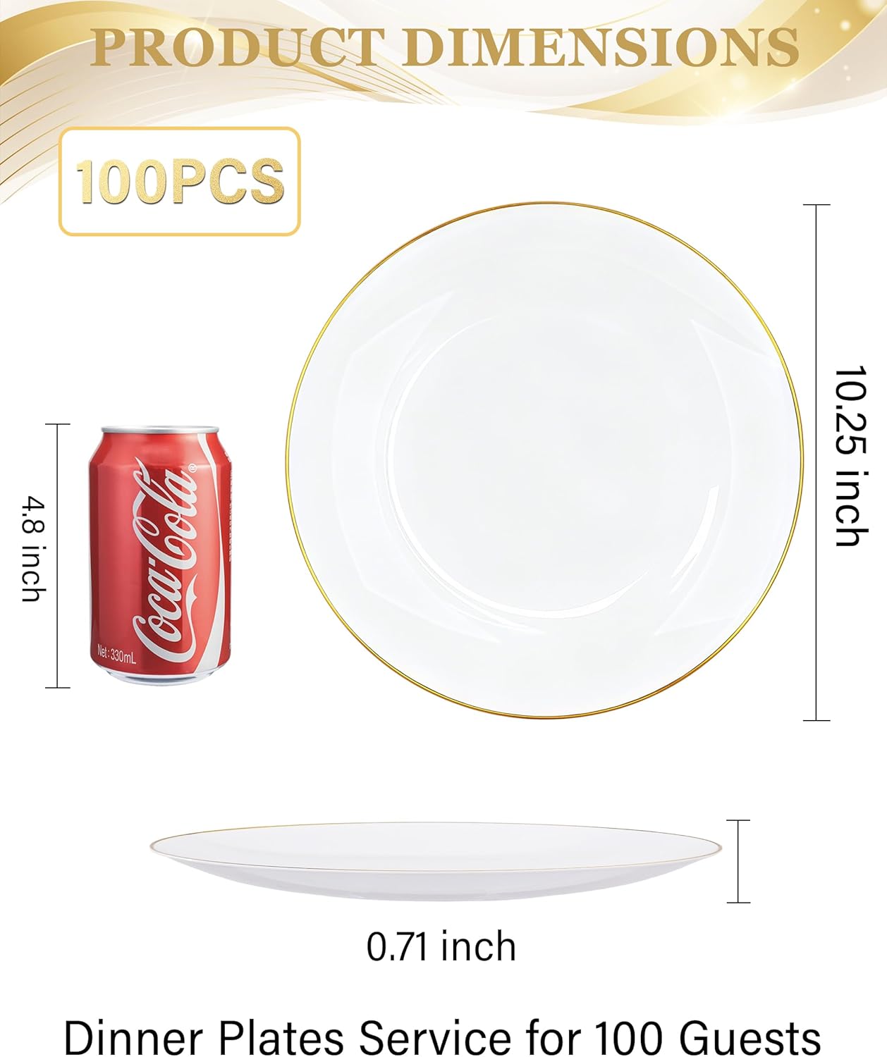 Nervure 100 Pieces Gold Plastic Plates - 10.25 inch Gold Dinner Plates - Heavyweight White and Gold Disposable Plates Ideal for Wedding & Party & Thanksgiving