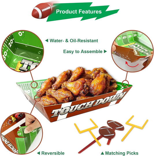 50-Piece Football Party Food Tray Box Kit - 30 Oil-Resistant Paper Snack Trays & 20 Goalpost and Football Picks for Nachos, Popcorn, Chips at Super Bowl, Tailgate, College Games, Sports Birthdays