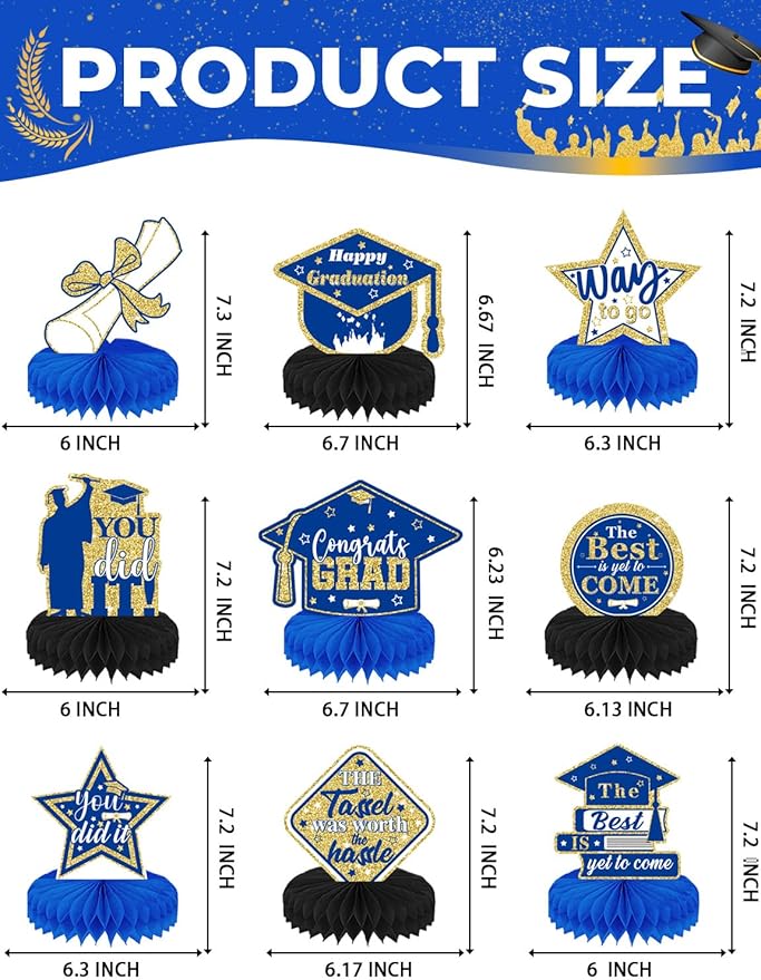 Graduation Centerpieces for Tables, 9Pcs Graduation Table Decorations, 3D Royal Blue Congrats Grad Honeycomb Centerpieces Table Toppers, Photo Props for Class of 2026 Grad Party Favors