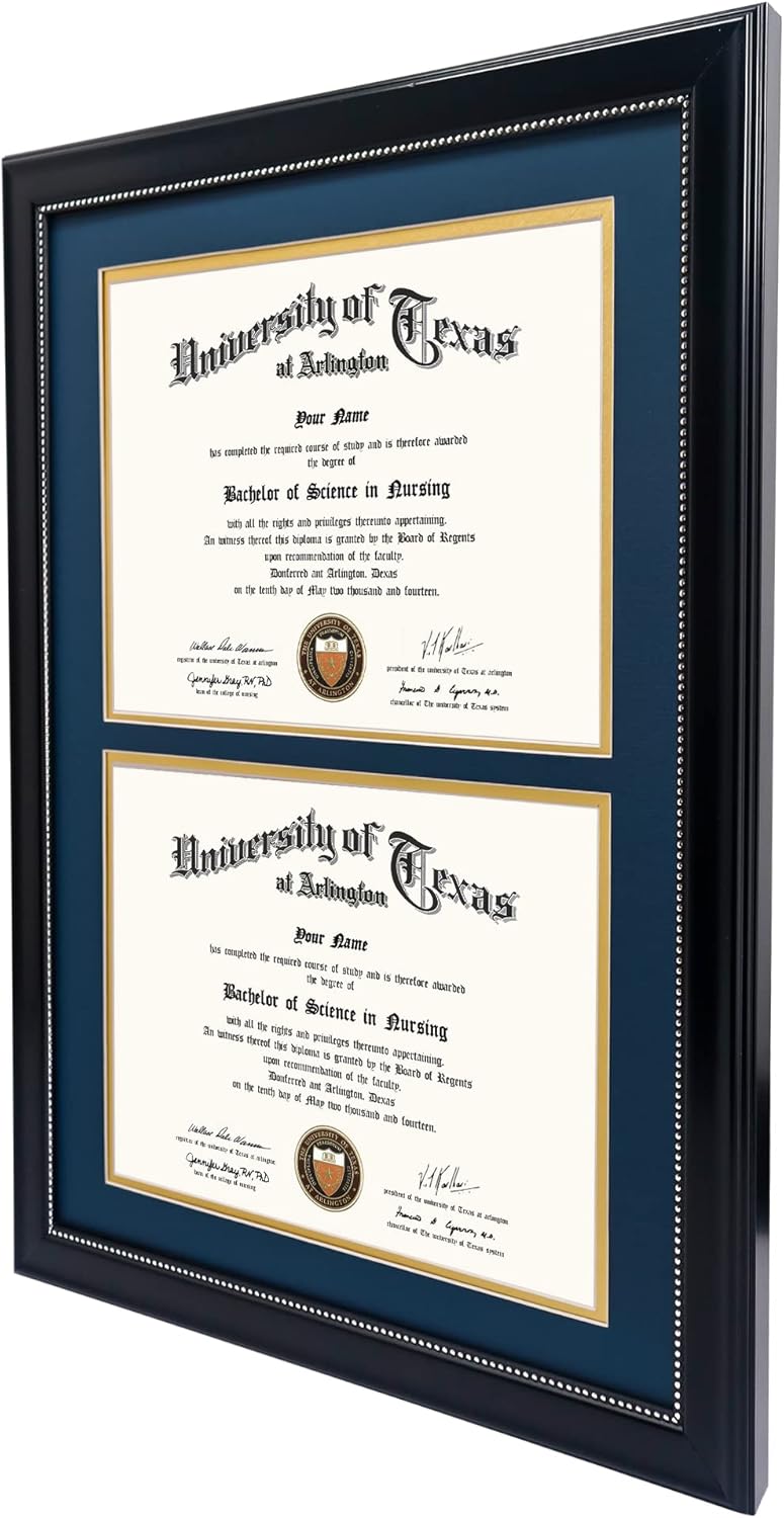 GraduationMall 14x20 Double Diploma Frame, Display 8.5x11 Certificate with Navy over Gold Mat,UV Protection Acrylic,Black with Silver Beads