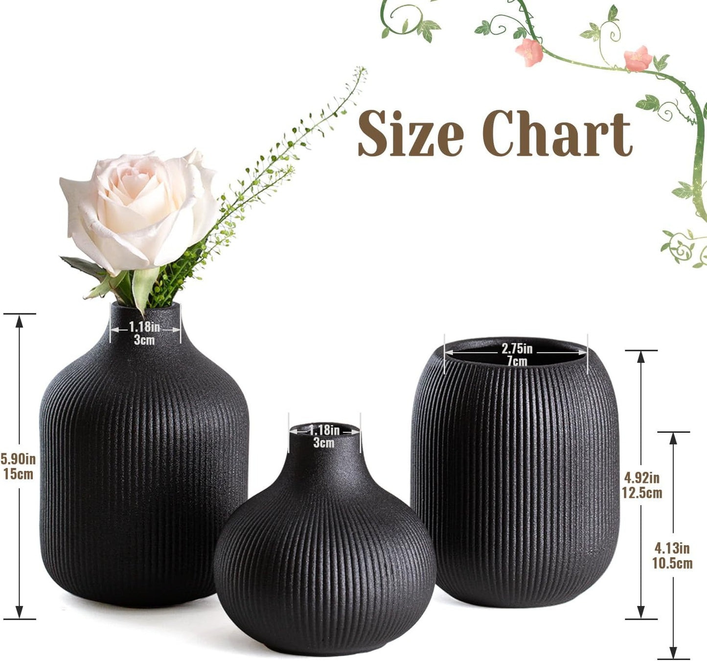 Modern Black Ceramic Vase Set of 3, Ribbed Texture Boho Minimalist Home Decor, Small Decorative Vases for Centerpiece, Shelf, Tabletop - Aesthetic Touch for Neutral & Transitional Spaces