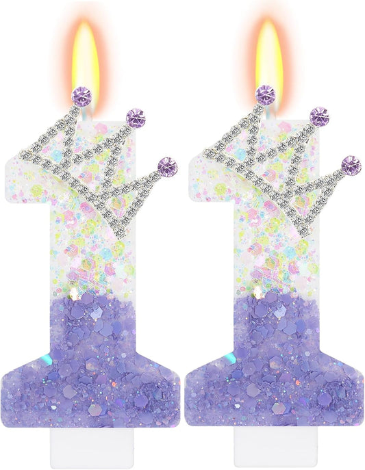Purple White Number 11 Candle, Glitter Crown Cake Topper, Princess Birthday Party Decorations for Girls and Women Anniversary Celebrations Party Favors