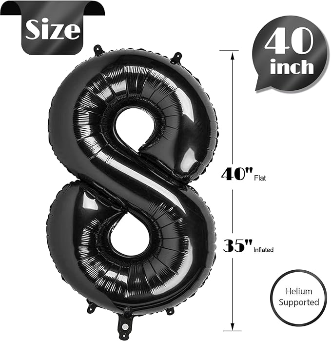 Black Number 8 Balloon 40 Inch, 8th Birthday Party Decorations for Children, Giant 8 Foil Balloon for Party Supplies