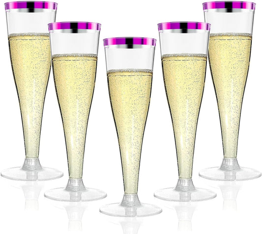 40 Pack Purple Rim Champagne Flutes Plastic Wine Glasses Disposable, 4.5 Oz Clear Purple Rim Mimosa Glasses for 2025 Engagement Wedding Birthday New Years Eve Xmas Party Supplies, Bulk Cocktail Cups
