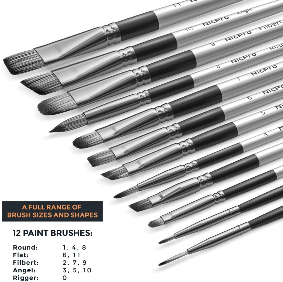 Nicpro 12PCS Artist Paint Brush Set, Craft Paint Brushes for Acrylic Painting, Oil, Watercolor, Gouache, Tempera, Face, Body, Fabric, Leather, Model, Art Supplies Paintbrushes for Artists Beginners