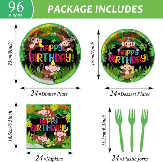 96 Pcs Monkey Birthday Party Supplies Jungle Monkey Birthday Paper Plates Napkins Jungle Animal Party Decorations Wild Animal Disposable Dinnerware Favor for Kids Baby Show Tableware Serves 24