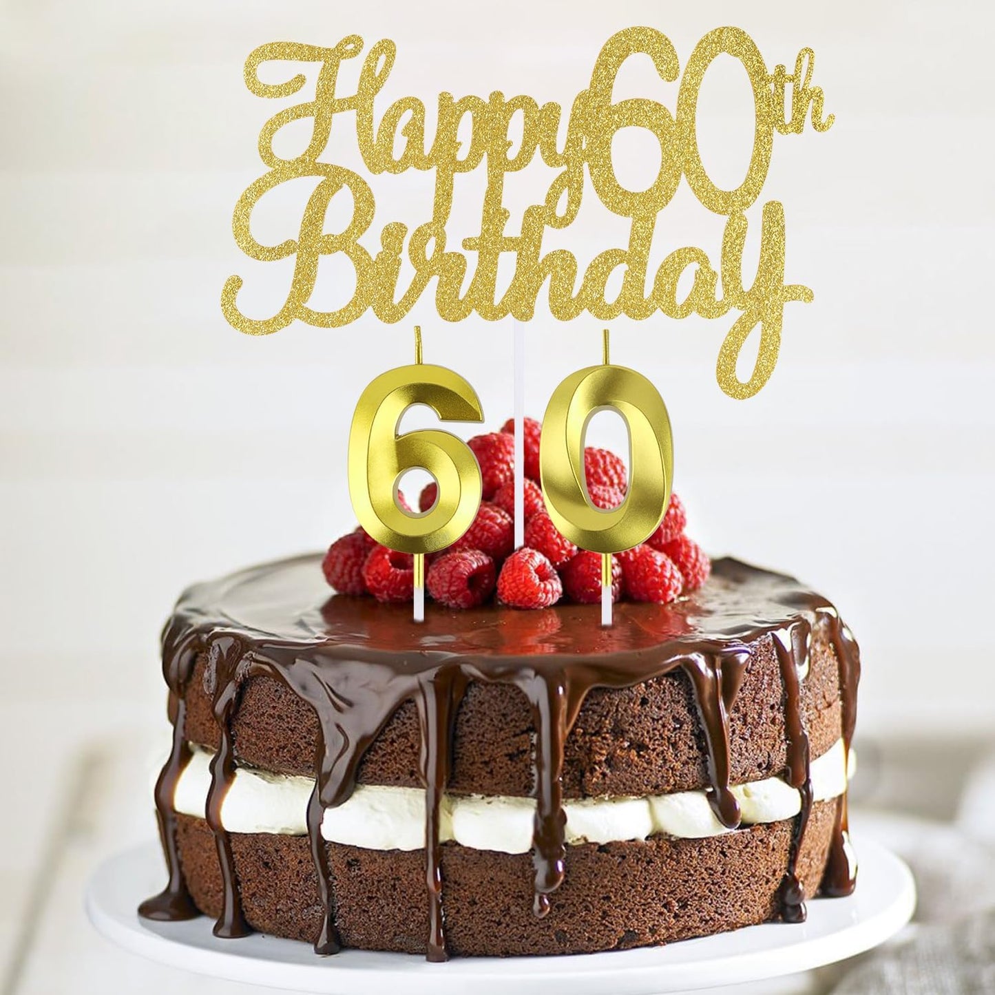 Happy 60th Birthday Cake Topper + 60 th Birthday Candles, 60 Cake Topper, Number 60 Candles, Happy 60th Birthday Cake Decorations, 60 Birthday Decorations for Men and Women (60)