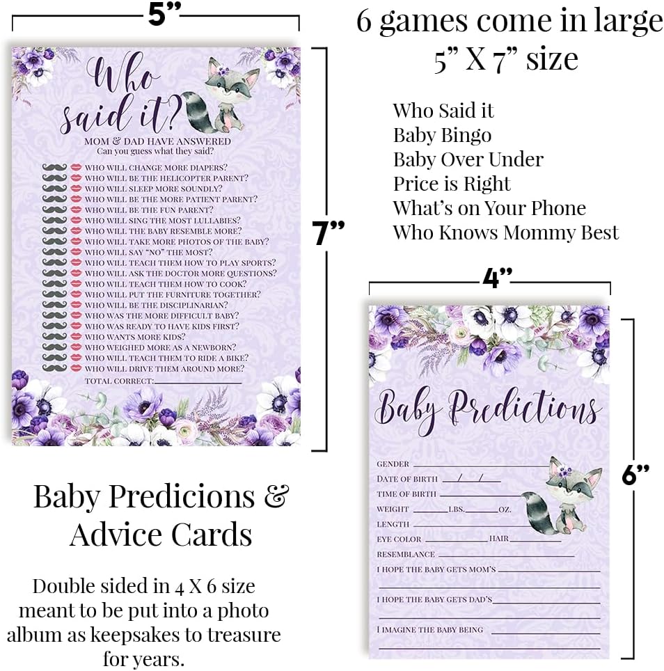 Amanda Creation Baby Shower Games 8 Game Set Purple Little Rascal Cute Raccoon Girl 80 Double-Sided Cards for 20 Guests. Baby Shower Bingo, Baby Predictions & Activities for Guests. Theme for Girl