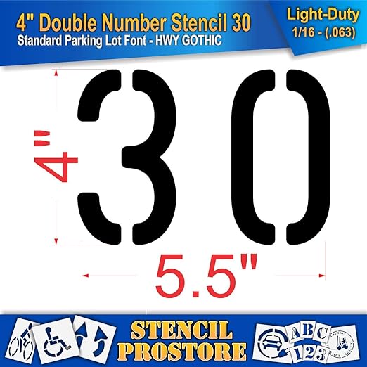 Pavement, Curb, and WheelStop Stencils - 4 inch Double Number Stencil - (30) - 4" x 5.5" x 1/16" (63 mil) - Light-Duty