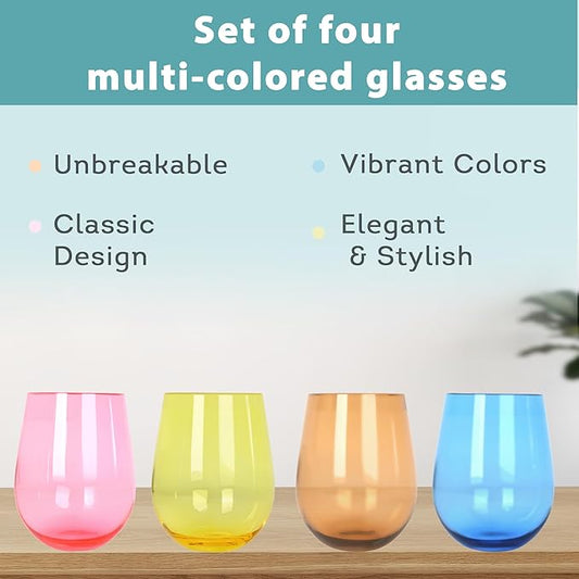 Lily's Home Unbreakable Poolside Acrylic Stemless Wine Glasses and Water Tumblers, Made of Shatterproof Plastic and Ideal for Indoor and Outdoor Use, Reusable. Mixed Colors. 14 Oz. - Set of 4