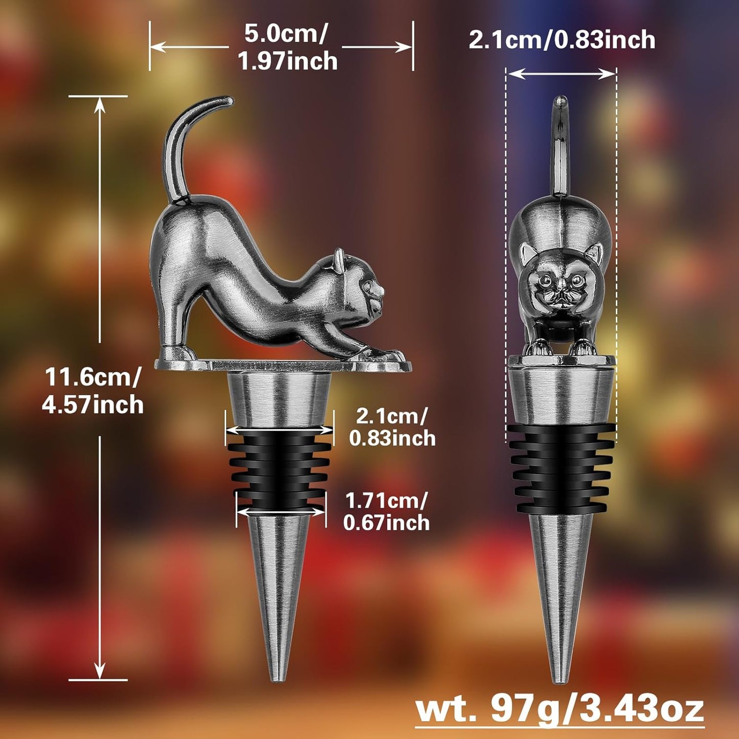 LKKCHER Cat Wine Bottle Stopper, Cat Decorative Gifts for Kitty Lovers Women Men, Birthday Fathers Day Christmas Gifts for Women Men, Silver Wine Saver with Bag