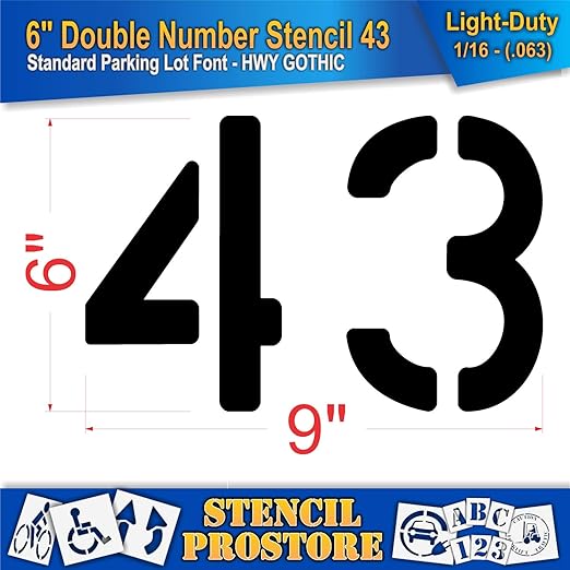 Pavement, Curb, and WheelStop Stencils - 6 inch Double Number Stencil - (43) - 6" x 9" x 1/16" (63 mil) - Light-Duty