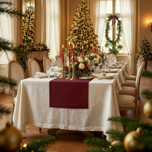 D'Moksha Homes Linen Dark Red Table Runner 90 Inches Long - Classic Hemstitch 100% Pure Linen Dining Table Runner 14 x 90 Inch for Fall, Autumn and Halloween