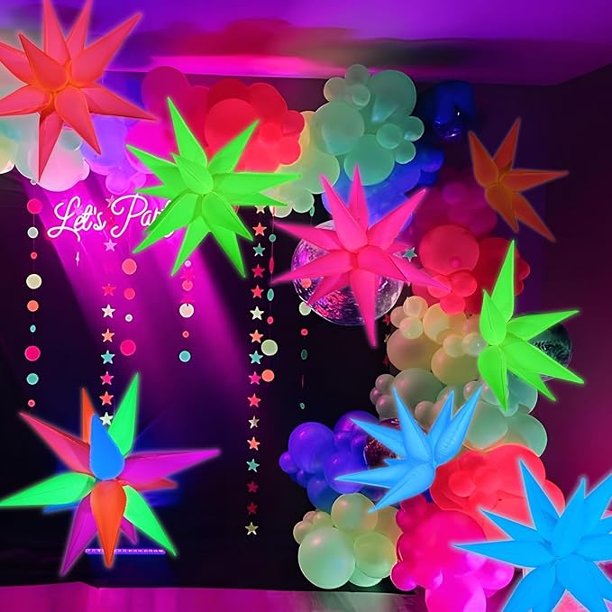 Mega-L Glow in The Dark Party Supplies, 10 Pcs Neon Explosion Star Balloons Kit, Neon Party Decorations, DIY Neon Balloon with 12 point Cone Balloons for Arches Birthday Wedding Carnival