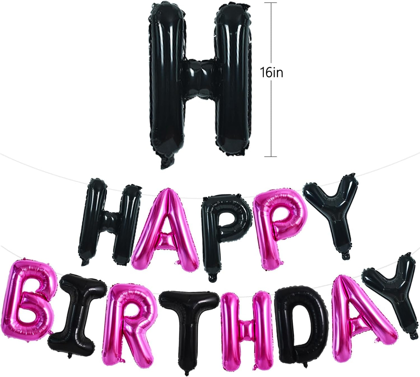 TONIFUL Happy Birthday Balloons Banner 16 Inch Mylar Foil Letters Birthday Sign Reusable for Girls Boys Kids & Adults Birthday Party Decorations Supplies（Black Pink）