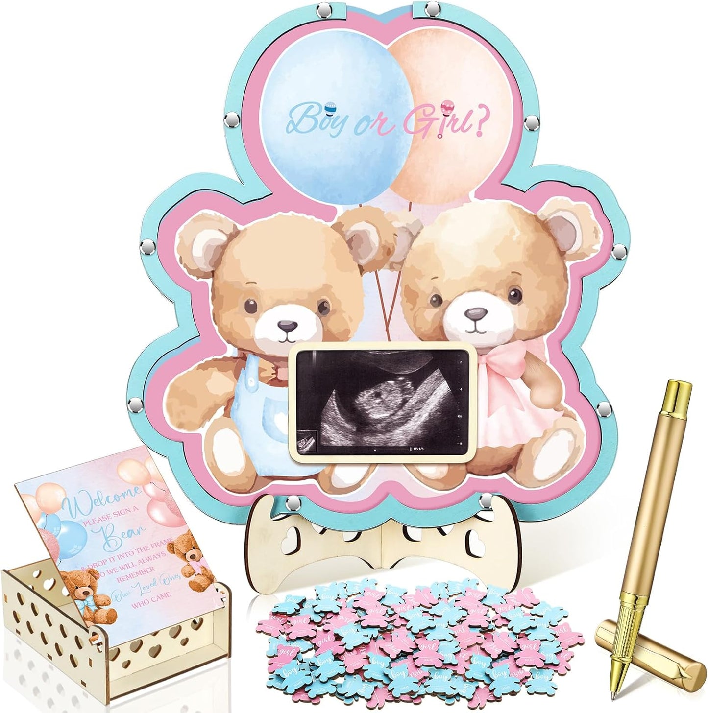 Wenqik 63 Bear Gender Reveal Baby Shower Guest Book Alternatives Set Baby Shower Decorations with Photo Frame Sonogram Frame Keepsake 60 Wood Slices Guest Book for Birthday