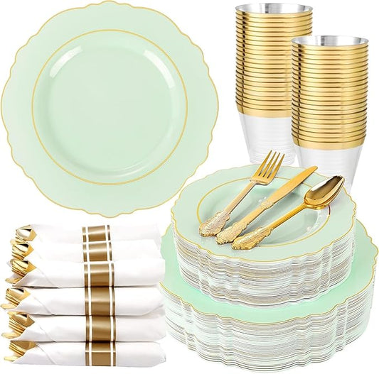 Liacere 175PCS Light Green Plates - Disposable Green and Gold - 25guest Baroque Dinnerware include 50Plates,25Pack Pre Rolled Napkins with Silverware 25Cups for Mother's Day&Easter Day