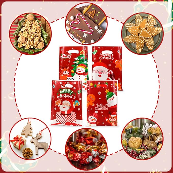 Christmas Gift Bags with Handles, 100Pcs Small Christmas Treat Bags Bulk Plastic Goodie Bag for kids, Snowman Santa Claus Candy Cookie Snacks Party Favor Bag for Xmas Holiday Party Decoration Supplies