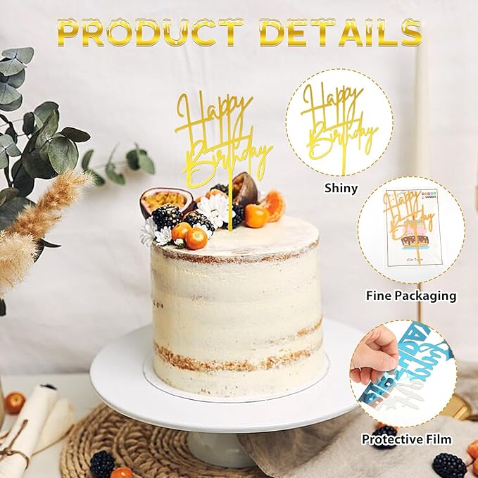 6 Pcs Gold Cake Topper - Happy Birthday Sign & Letters for Cake Decorations - Personalized Golden Cupcake Toppers & Cake Inserts