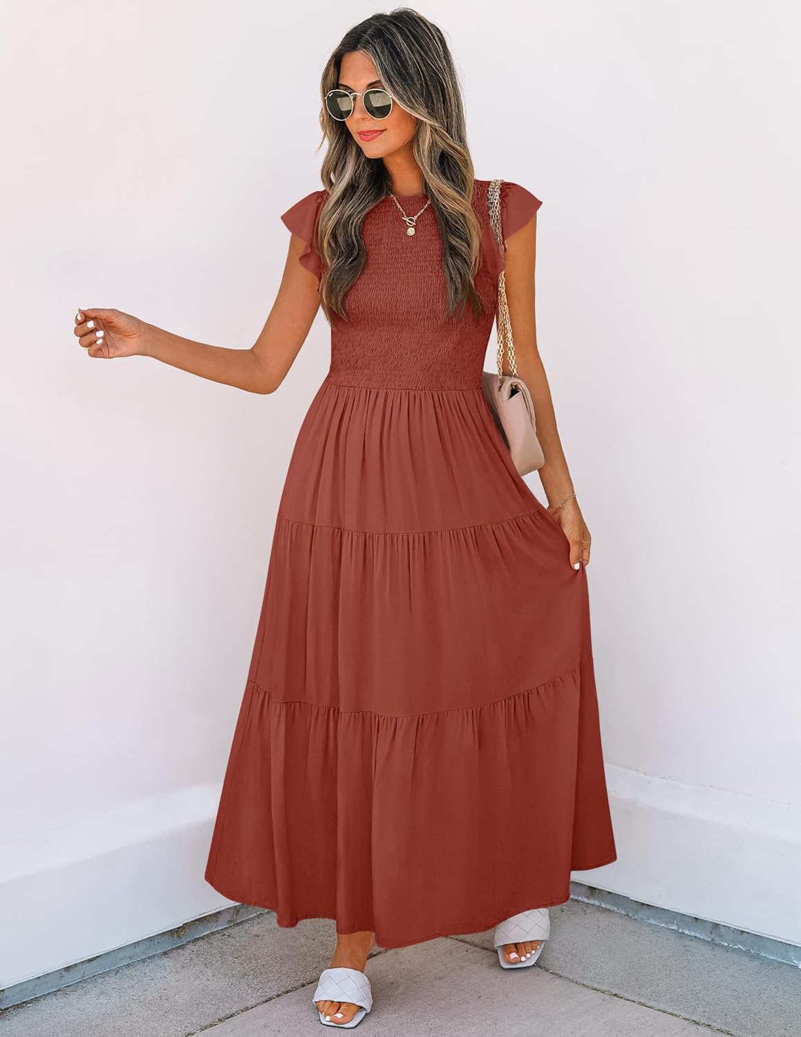 ZESICA Women's 2025 Summer Casual Flutter Short Sleeve Crew Neck Smocked Elastic Waist Tiered Midi Dress