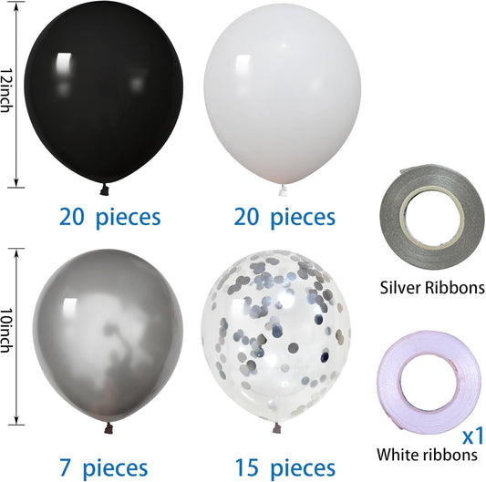 62Pcs 12Inch Black White Silver Balloons Arch Kit, White and Black Metallic Silve Confetti Party Balloons with Ribbons for Birthday, Wedding, Baby Shower, Graduation Decorations