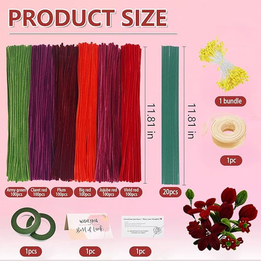 620 Pieces Red Pipe Cleaners Craft Set, 600 Pcs Plum Chenille Stems with 20 Pcs Flower Stems, Craft Supplies Bulk for DIY Art and Craft Projects Creative Gift Wrapping Party Decorations(Red Series)