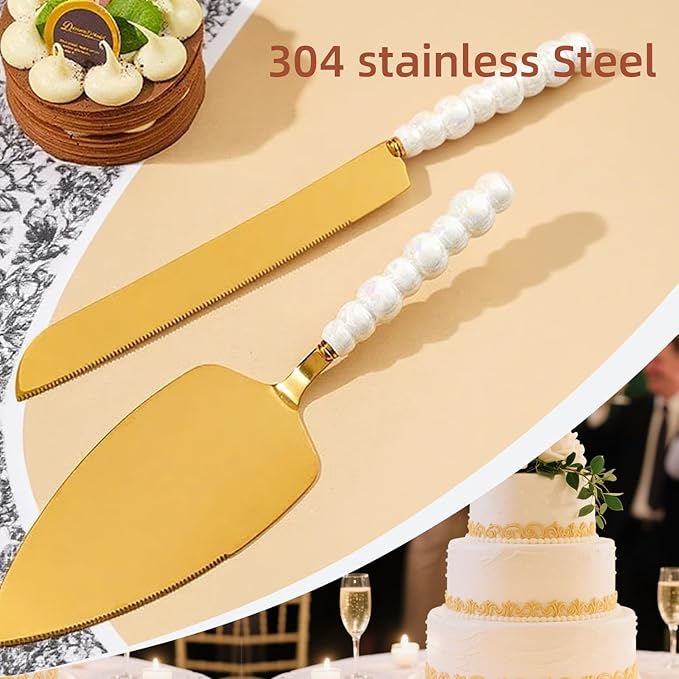 VEOOK Wedding Cake Knife and Server Set with Pearl Handle - Stainless Steel Pie Cutter, Elegant Ceramic Gift for Bride Engagement, Bridal Shower, Couples Wedding(CK-01)