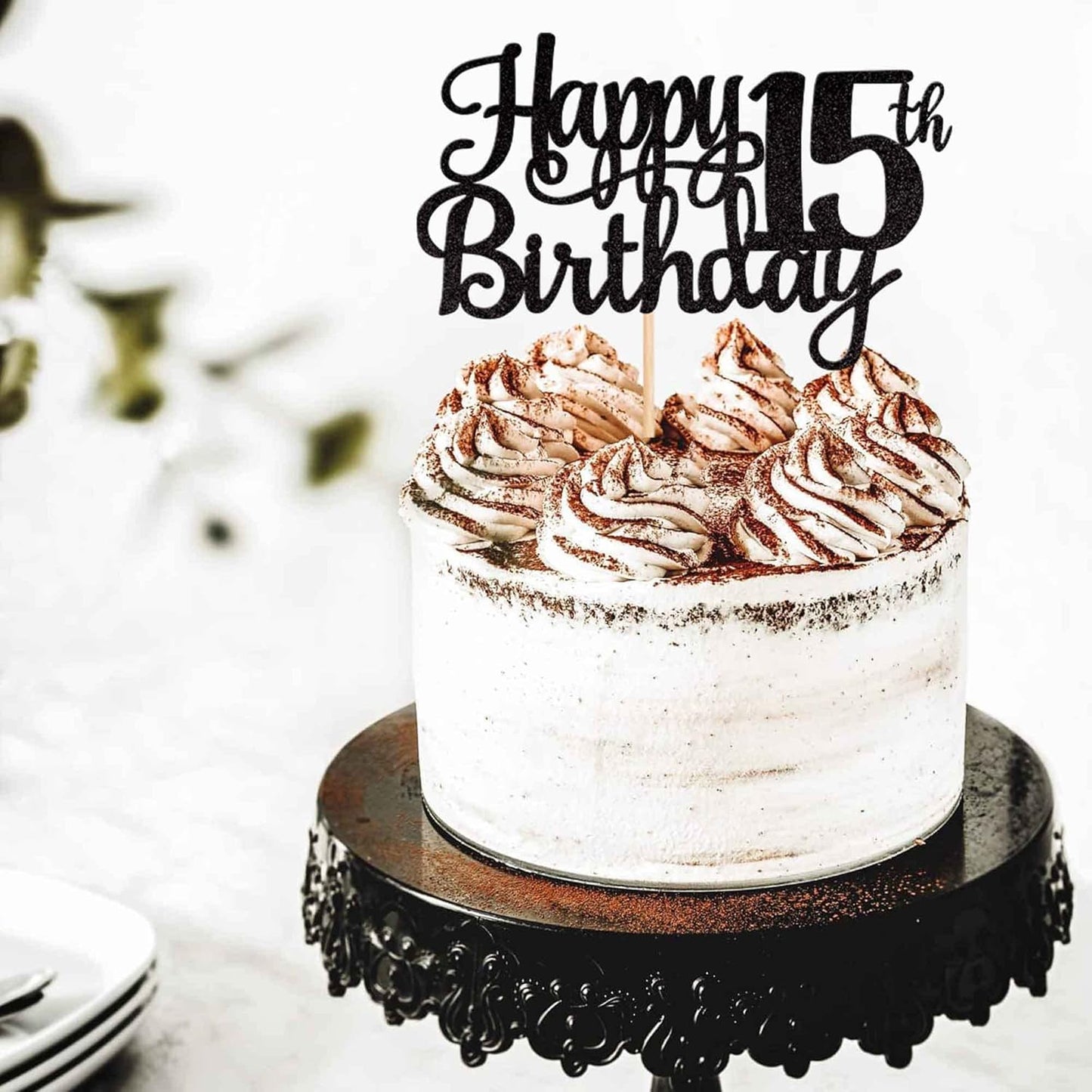 1 PCS Happy 15th Birthday Cake Topper Glitter Cheers to 15 Years Birthday Cake Pick Mis Quince 15 Fabulous Cake Decoration for Happy 15th Birthday Theme Party Decorations Supplies Black
