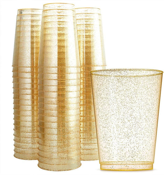 WDF 100pcs 12OZ Gold Cups - Disposable Gold Glitter Plastic Cups - Premium Wedding - Party for Thanksgiving, Christmas