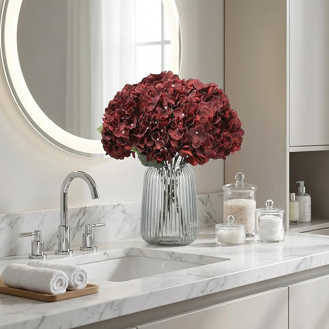 2Bouquets Artificial Fake Flowers Plants Silk Hydrangea Arrangements Wedding Bouquets Decorations Plastic Floral Home Kitchen Garden Party Festival Bar DIY (Dark Red,5 Flower Heads)