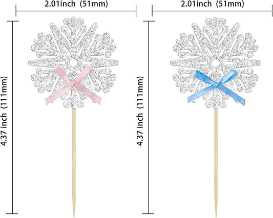 24Pcs Snowflake Cupcake Toppers Glitter Snowflake Cupcake Picks Frozen Pink Blue Bow Snowflake Gender Reveal Cake Decors Baby Shower Gender Reveal Winter Theme Christmas Party Cake Decor Supplies
