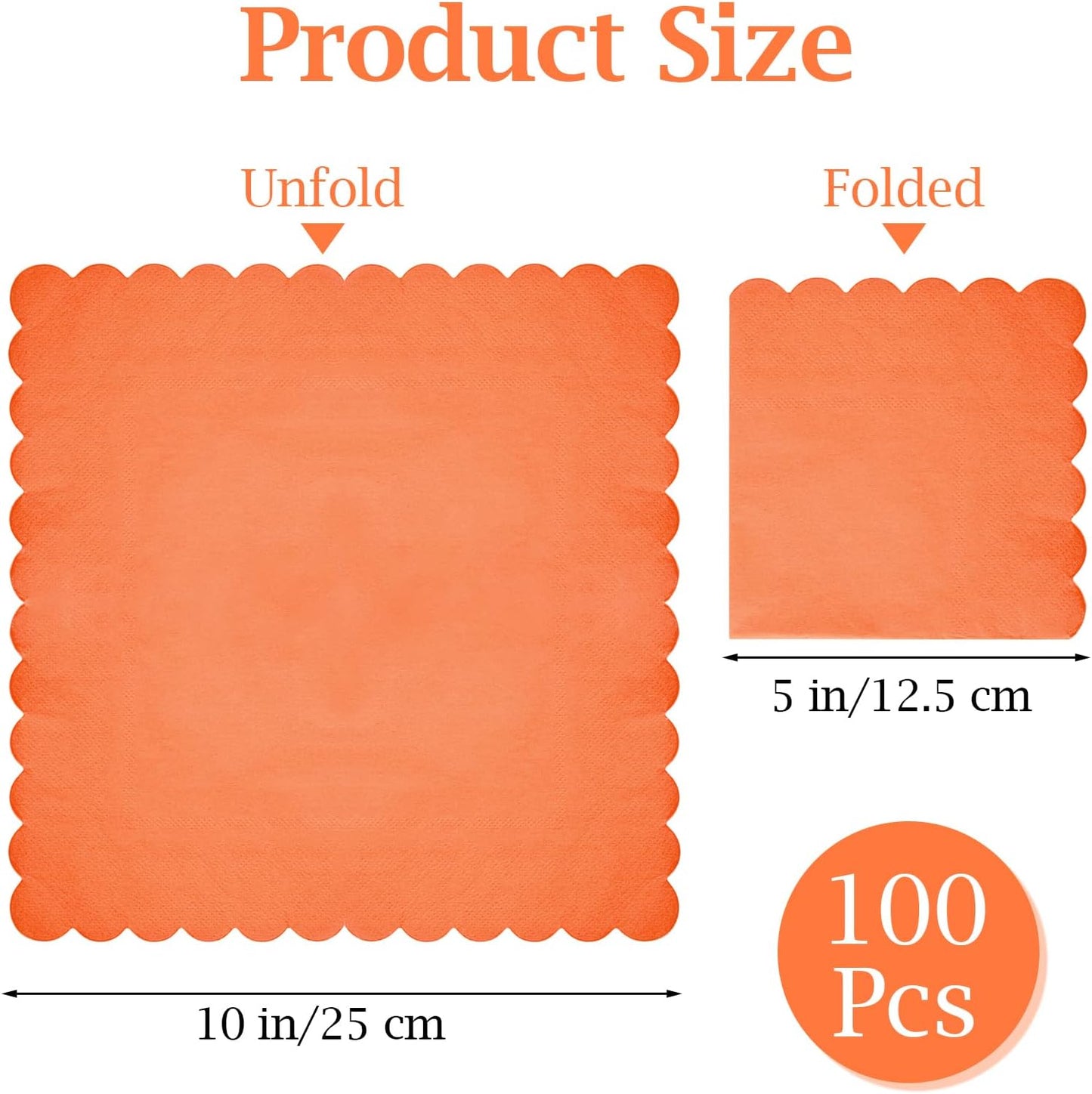 100 Pcs Cocktail Napkins, 2-Ply 5 x 5 Inches Disposable Scalloped Napkins, Thick Premium Dessert Napkins for Party, Wedding, Dinner, Birthday, Anniversary, Festival (Orange)