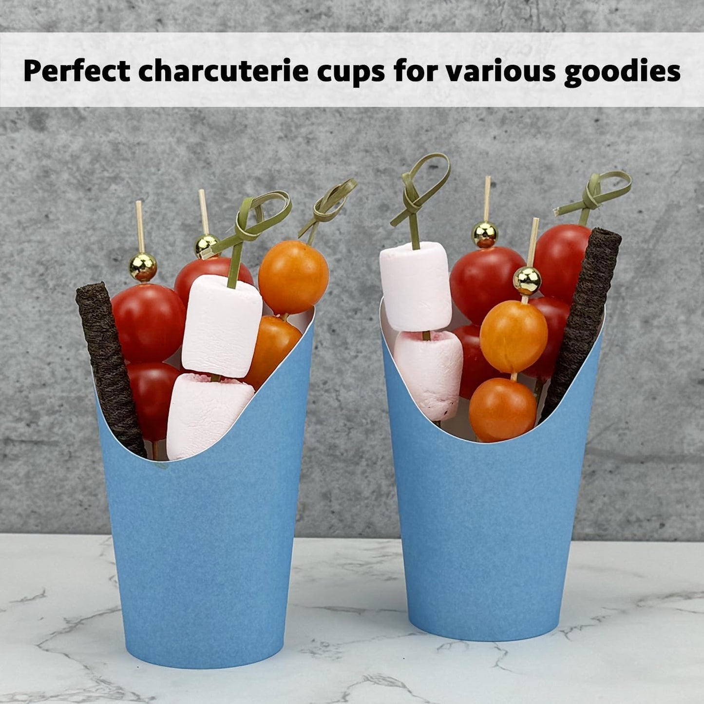 CAMKYDE 50 Charcuterie Cups + 200 Cocktail Picks + 56 Labels, 12 oz Disposable Charcuterie Cups with Sticks (2 Types), French Fry Cup Blue Paper Appetizer Cup for all Occasions (Blue)