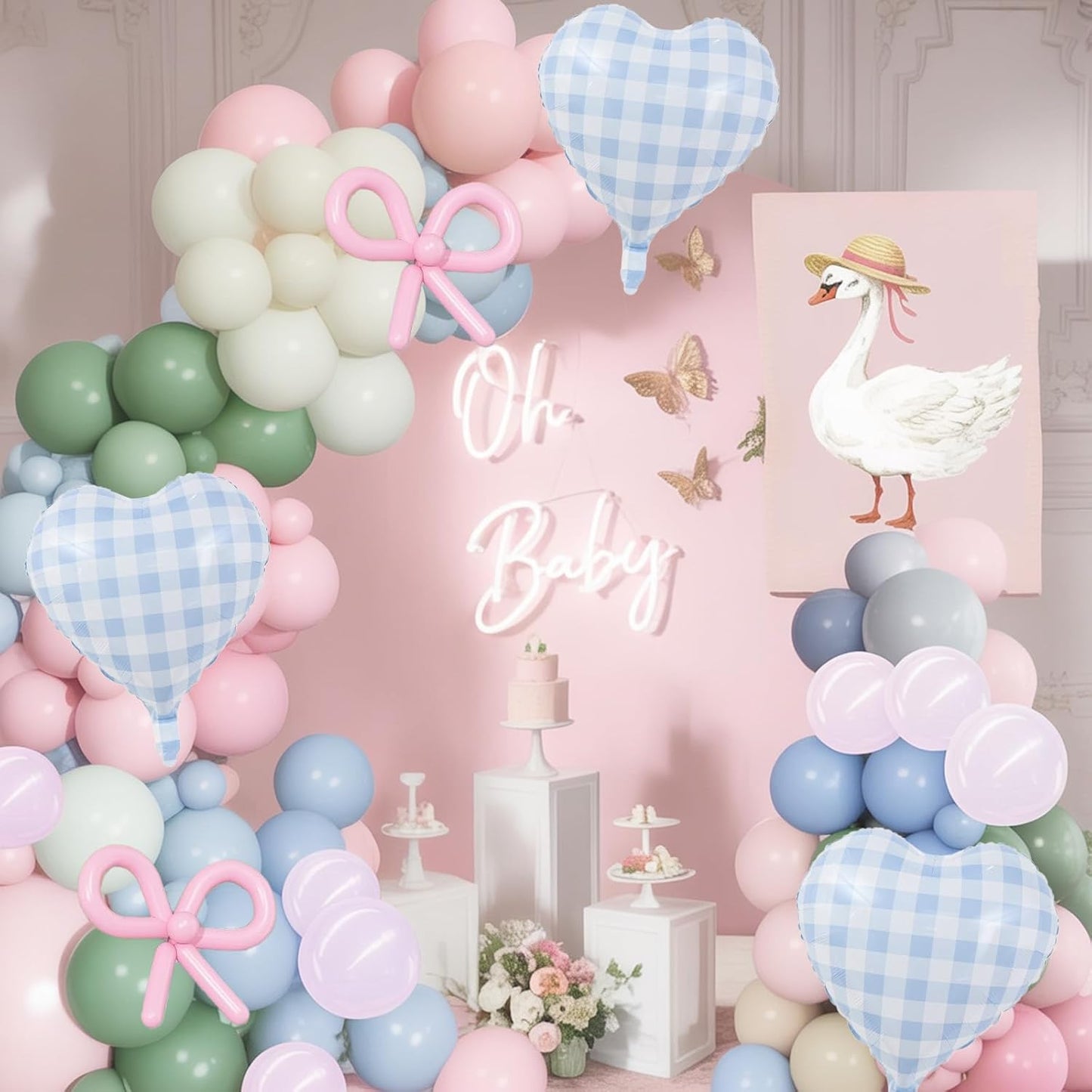 Silly Goose Balloon Arch Kit, Pink Blue Green Latex Balloon Garland Kit Gingham Heart Foil Balloons for Boys Girls Goose Birthday Baby in Bloom Baby Shower Floral Fairy Wildflower Party Decorations