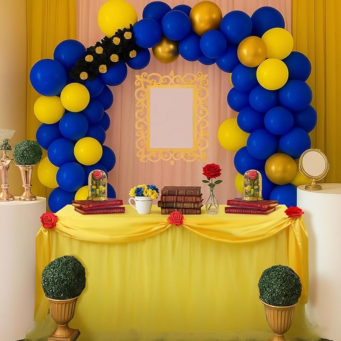Rose Beauty Princess Party Tablecloth Golden Yellow Tulle Table Skirt 30 x 108 Inch Rose Beauty Cartoon Themed Tables Cover for Princess Birthday Party Decor Supplies
