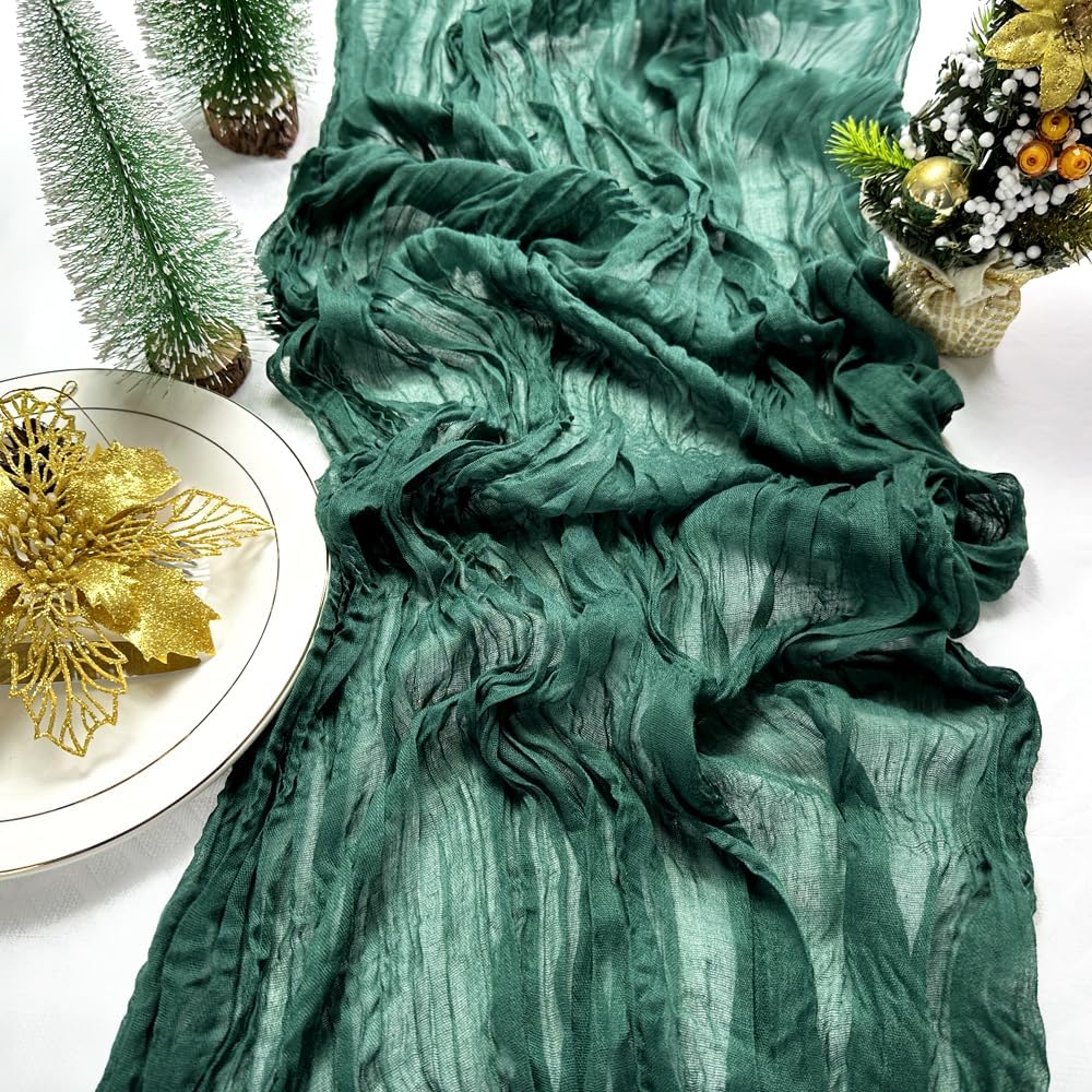 Booque Valley Christmas Table Runner 3 Pack Green Cheesecloth 10ft Soft Boho Wrinkled Decorative Gauze Sheer for Holiday Party Baptism Wedding Centerpiece Table Decor, 35x120 Inch