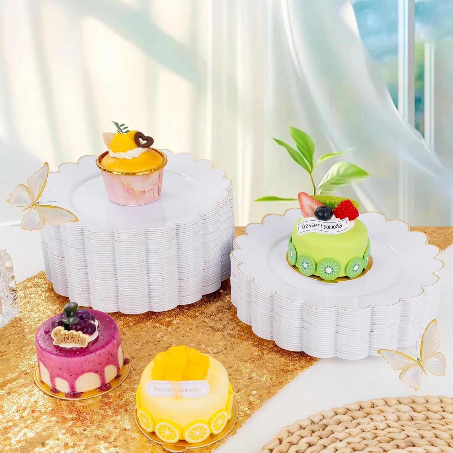 LIYH 100 Pcs Gold White Dessert Plates - 7.5" Disposable Fancy Cake Plates - White with Gold Rim Premium Hard Appetizer Cake Plastic Wedding Plate for Party,Bridal Shower,Birthday