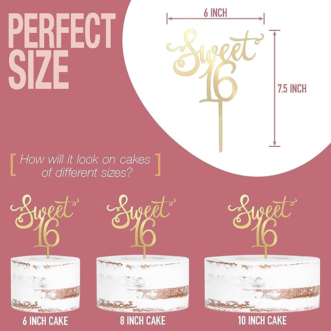 Shiny Acrylic Happy Sweet 16 Birthday Cake Topper, 7.5" x 6", Cheer to 16th Birthday Party Cake Decoration (Gold)
