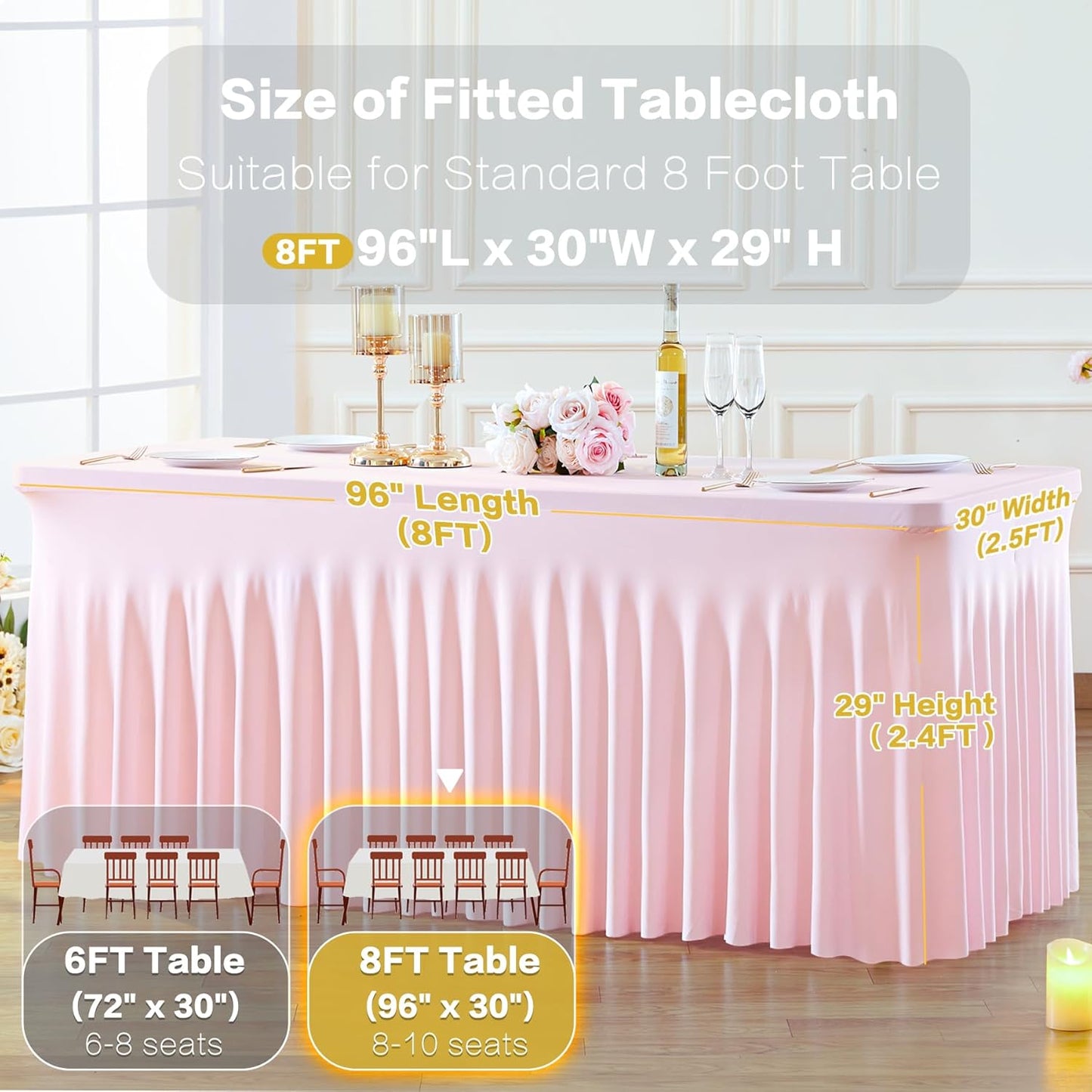 6 Pack Spandex Pink Fitted Table Cloth for 8ft Rectangle Tables Pink Stretch Tablecloth Table Covers Banquet Table Clothes Wrinkle Free Table Skirt for Parties Wedding