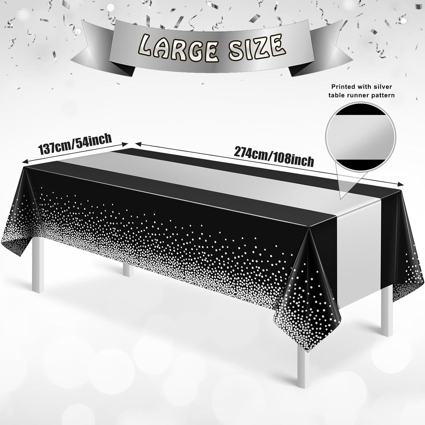 6Pcs Black and Silver Tablecloth Party Decorations,Plastic Black Table Cloth Printed Silver Table Runner Disposable Rectangle Table Cover for Birthday Anniversary Wedding Graduation Party,54 x108 Inch