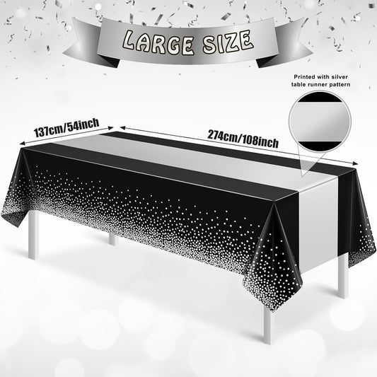6Pcs Black and Silver Tablecloth Party Decorations,Plastic Black Table Cloth Printed Silver Table Runner Disposable Rectangle Table Cover for Birthday Anniversary Wedding Graduation Party,54 x108 Inch