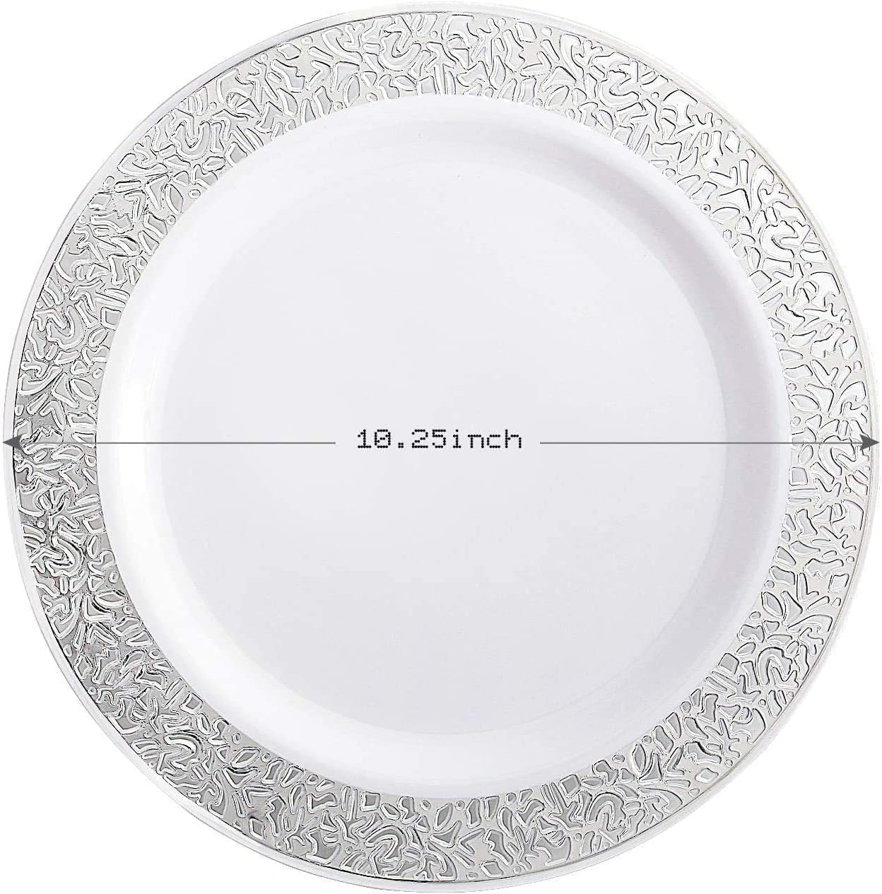 supernal 100pcs Silver Plastic Plates10.25 For Big Party Lace White Plastic Plates with Silver Rim Disposable Dinner Plates Heavy Duty for Party Wedding Birthday