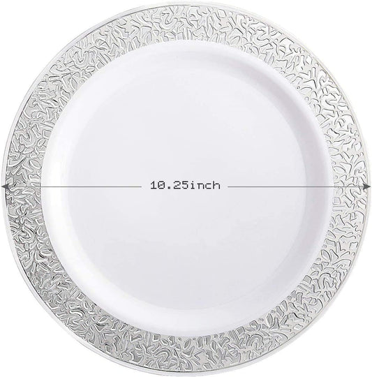 supernal 100pcs Silver Plastic Plates10.25 For Big Party Lace White Plastic Plates with Silver Rim Disposable Dinner Plates Heavy Duty for Party Wedding Birthday