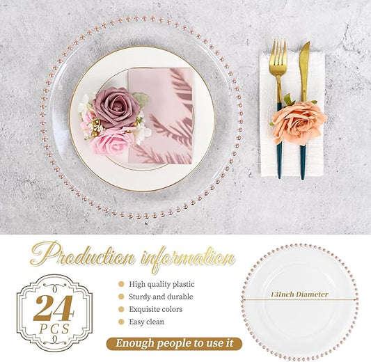 24 PCS Clear Round Charger Plates with Beaded Rim, 13 Inch Plastic Acrylic Plate, Plastic Round Beaded Dinner Decorative Service Plates for Wedding Party Event, Home Kitchen Tabletop(Pink)